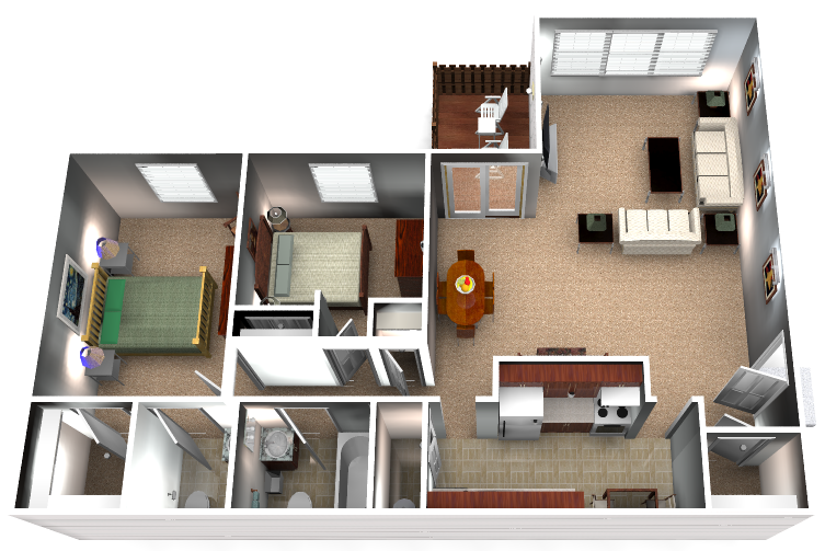 Floor plan for 2 beds, 1.5 baths, 1024 sqft